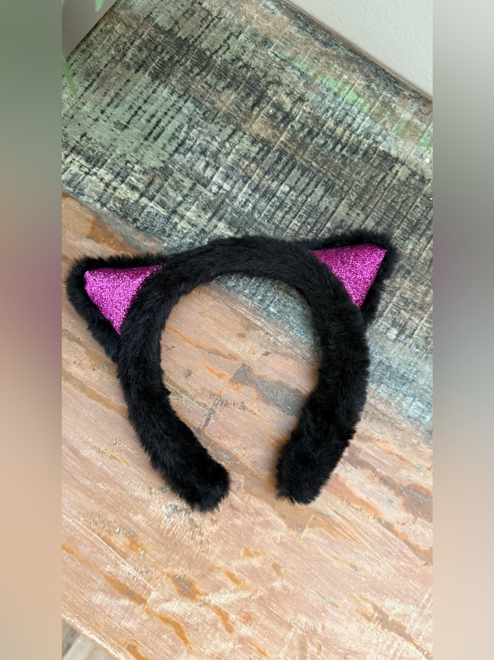 Halloween black fuzzy cat ears headband. Sparkly hot pink ears. New in packaging